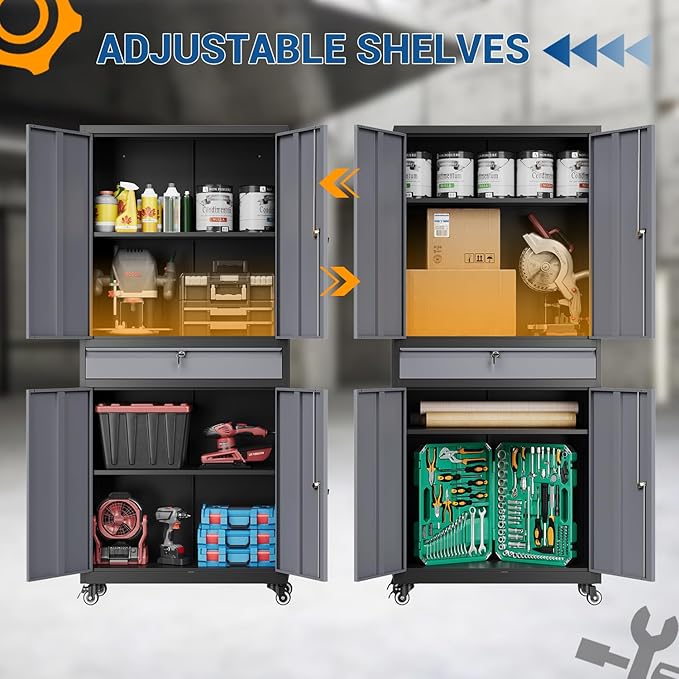 73" Metal Cabinet-Black&Gray Heavy Duty Rolling Storage Cabinet Steel Tool - Image 4