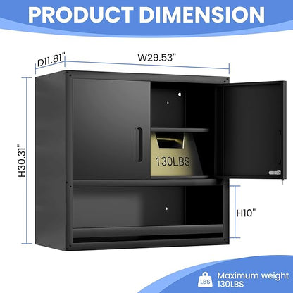 Garage Wall Cabinet with Doors and Shelves, Wall Mounted Metal Storage Cabinet - Image 3