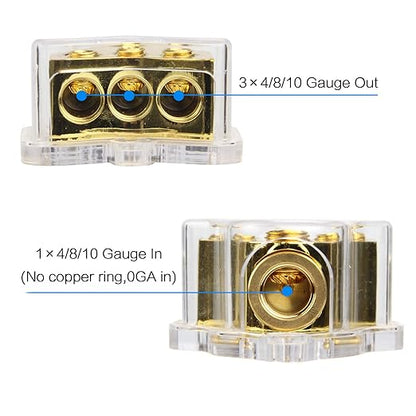 RKURCK 3 Way Copper Power Distribution Block, 0/2/4 AWG Gauge in, 4/8/10 Gauge - Image 5