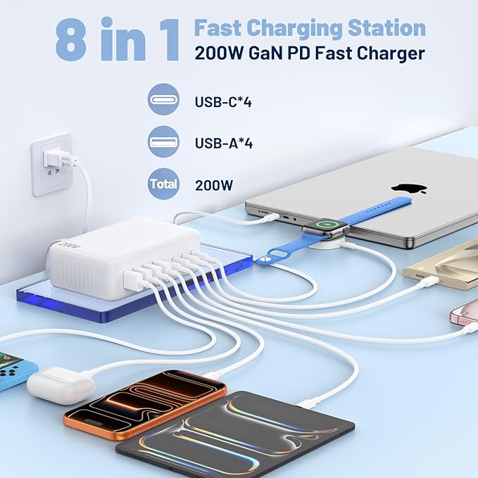 200W USB C Charging Station, 8-Port GaN USB C Charger Block, PD 65W Desktop - Image 2
