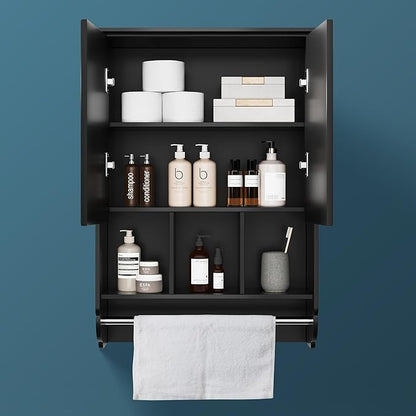 Bathroom Wall Cabinet with Towel Bar, Wooden Medicine Cabinet Adjustable Shelves - Image 3