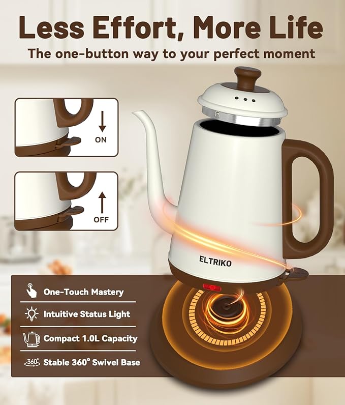 Gooseneck Electric Kettle, 1L Water Boiler, Pour Over Coffee & Tea, 1000W Fast - Image 6