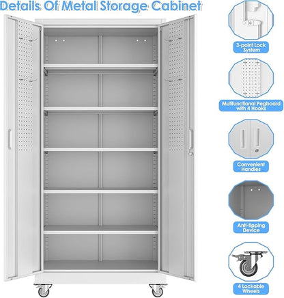 Garage Storage Cabinet with Wheels and Pegboard, Metal Storage Cabinet with 5 - Image 4