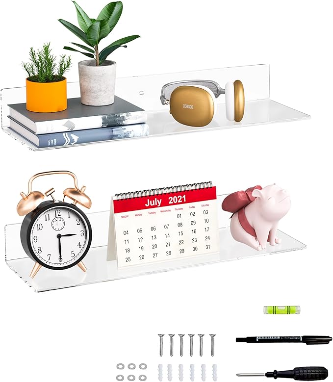 20 Inch Clear Wall Shelves for Wall, Wall Mounted Acrylic Floating Shelf for by Sezanrpt