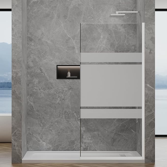36"x76" Fixed Glass Shower Door, 3/8" Thick Mid-Band Frosted Privacy Tempered by YTSAHSTT