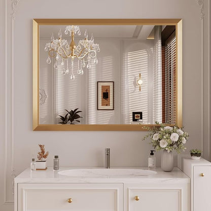 Amorho Bathroom Mirror, 48x36 Inch Golden Thick Metal Framed Wall Mirrors by Amorho