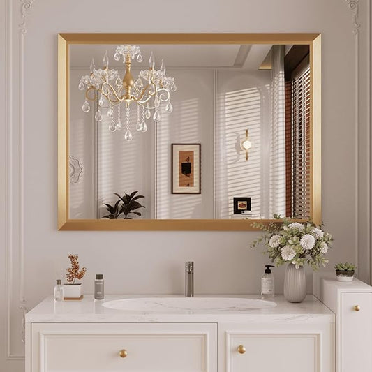 Amorho Bathroom Mirror, 48x36 Inch Golden Thick Metal Framed Wall Mirrors by Amorho