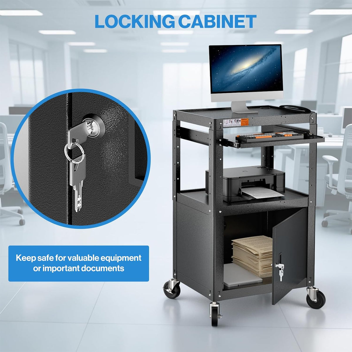 POCHAR Steel Large AV Cart with Locking Cabinet - Adjustable Height Media Car...
