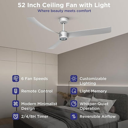 ocioc Ceiling Fans with Lights, 52 Inch Low Profile Ceiling Fan with Remote - Image 2