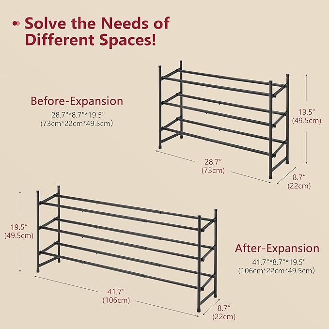 Tajsoon Expandable Shoe Rack for Closet 3 Tier, 28“-41“Adjustable & Stackable - Image 3