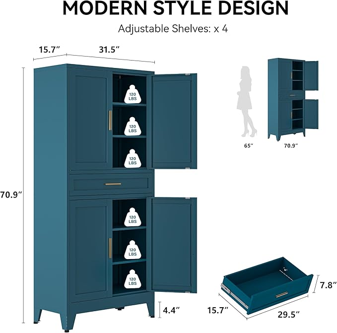 COFaR 71" Pantry Cabinet with Drawer, Peacock Blue Storage Cabinet with - Image 2