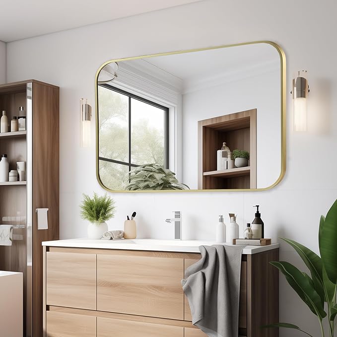 40x30 Inch Gold Bathroom Mirror, Brushed Gold Metal Framed Rectangular Mirror - Image 8