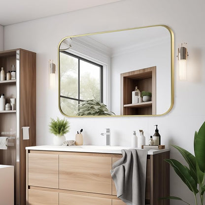 40x30 Inch Gold Bathroom Mirror, Brushed Gold Metal Framed Rectangular Mirror - Image 8