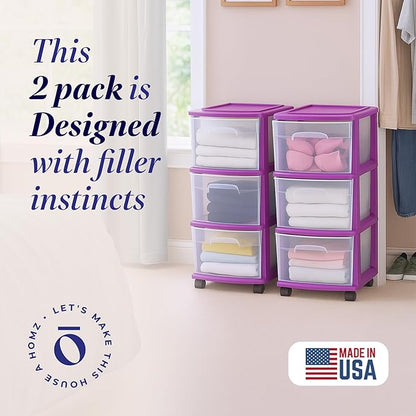 HOMZ 2-Pack Drawer Tower, 3-Tier Clear Plastic Storage Organizer Cart, and - Image 4