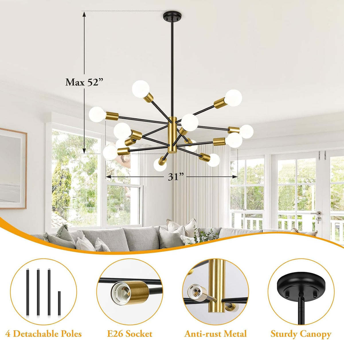 BesLowe 12 Light Modern Chandelier for Dining Room, Black and Gold