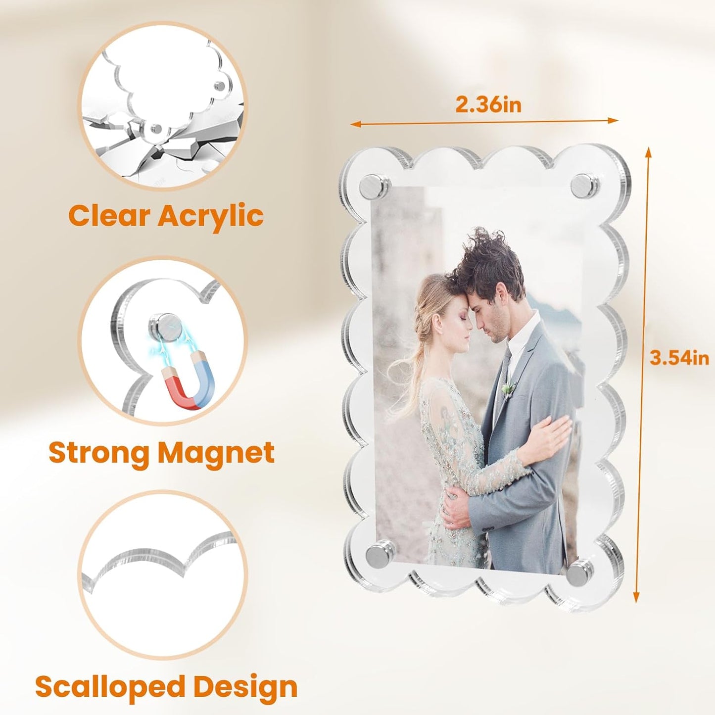 10 Pack 2.36 x 3.54 Inch Acrylic Fridge Magnetic Frame Scalloped, Double Sided Polaroid Frame, Refrigerator Magnet Picture Frame for Fujifilm Instax Mini