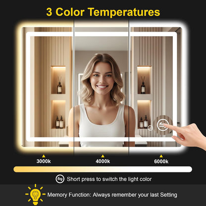 LED Bathroom Mirror with Lights, 30"x40" Lighted Vanity Mirror for Wall | Anti-Fog, Dimmable 3 Color Light, Backlit+Frontlit, Shatterproof Tempered Glass, Memory Function