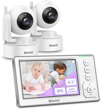 Blemil Baby Monitor with 2 Cameras and Audio, 4.3'' IPS Split-Screen Monitor by Blemil