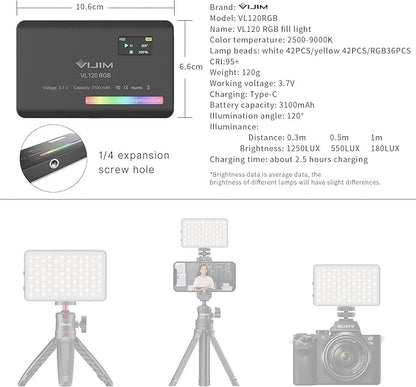 VIJIM VL120 RGB Video Light, Portable LED Camera Light Panel 0-360 Full Color - Image 7