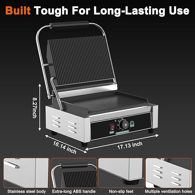 Commercial Panini Grill, 1700W Electric Sandwich Panini Maker, Stainless Steel - Image 4