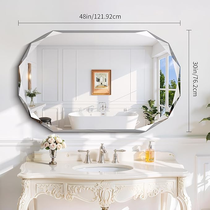 GLASHOM Frameless Bathroom Mirror, 30x48 inch Beveled Bathroom Mirror Wall - Image 4