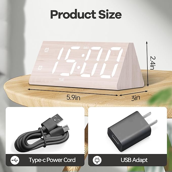 Digital Alarm Clock, with Wooden Electronic LED Time Display, 3 Alarm Settings - Image 7