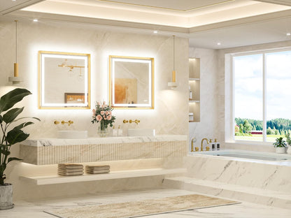 Led Bathroom Mirror 30 x 30 with Brushed Gold Frame Anti-Fog Frontlit & Backlit Vanity Mirror Stepless Dimmable Lighted Mirrors for Bathroom Wall 3 Colors White/Warm/Natural Wall-Mounted