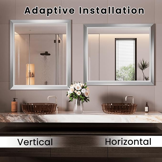 Amorho Bathroom Mirror, 44x36 Inch Silver Thick Metal Framed Wall Mirrors - Image 5