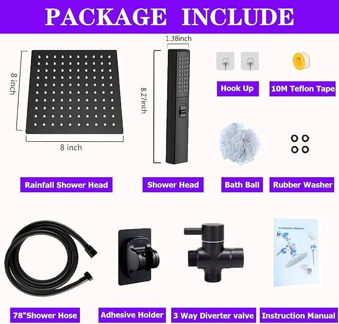 8"High Pressure Square Rain Shower Head and 2-in-1 Hand Shower.Equipped - Image 2