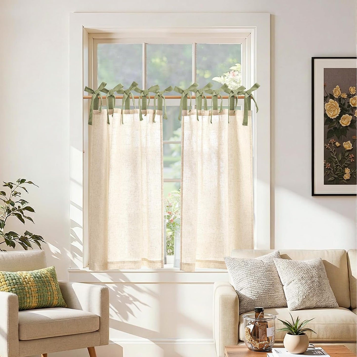 jinchan Linen Tie Top Curtains 36 Inch Length Farmhouse Cafe Curtains Set of 2 for Bedroom Bathroom Rustic Small Windows Light Filtering Crude Panels with Sage Green Ties
