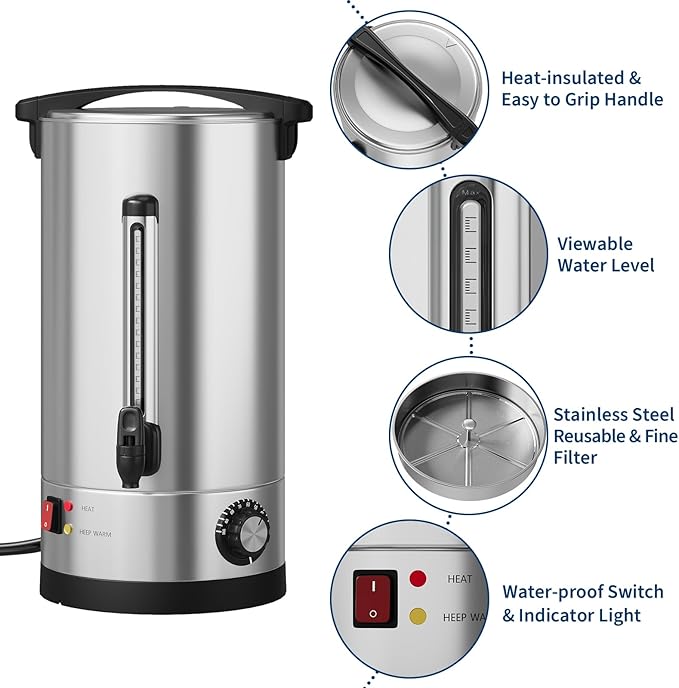 60 Cup Large Coffee Urn with Double Wall Insulation, 10L/2.6 Gallon Stainless - Image 3