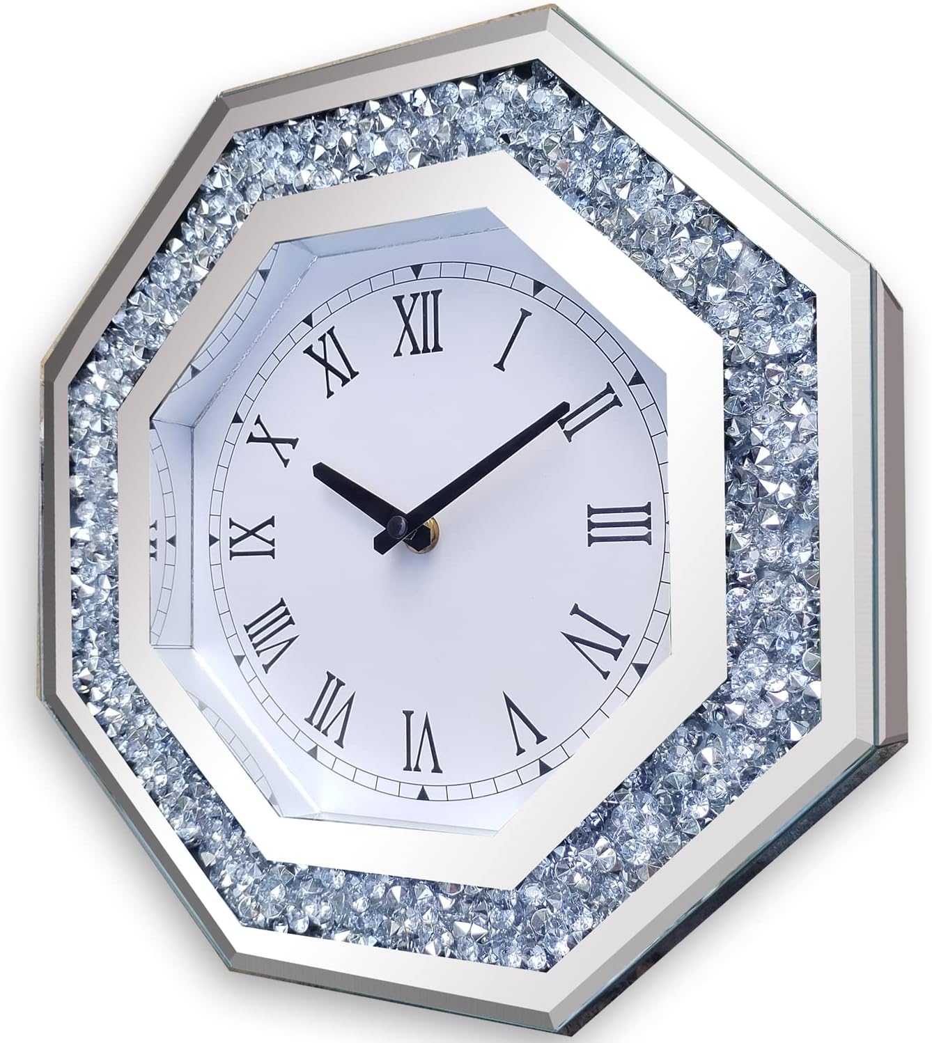 Wall Clock, Octagon Mirror Glass Clock, Cute Diamond 12-inch Non-Ticking Clock for Wall Décor, Perfect Home Decor for Bedroom, Bathroom Motif, Dining Room(Excluding Batteries.)