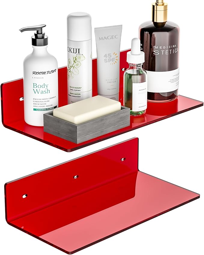 12 Inches Red Small Wall Shelves, Acrylic Bathroom Floating Shelves by Sezanrpt
