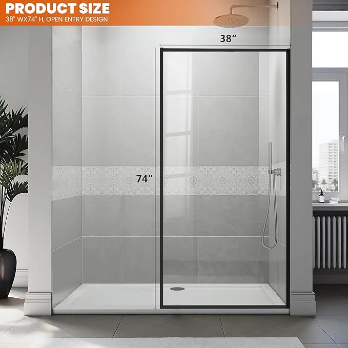 Shower Glass Door 38W*74H Inch, Bathroom Framed Fixed Shower Glass Panel - Image 2