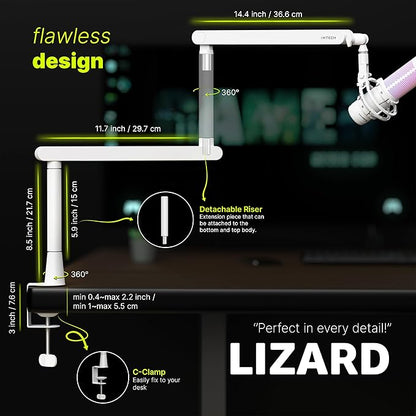 IXTECH White Microphone Boom Arm Stand Low Profile Boom Arm Adjustable Mic Stand - Image 4