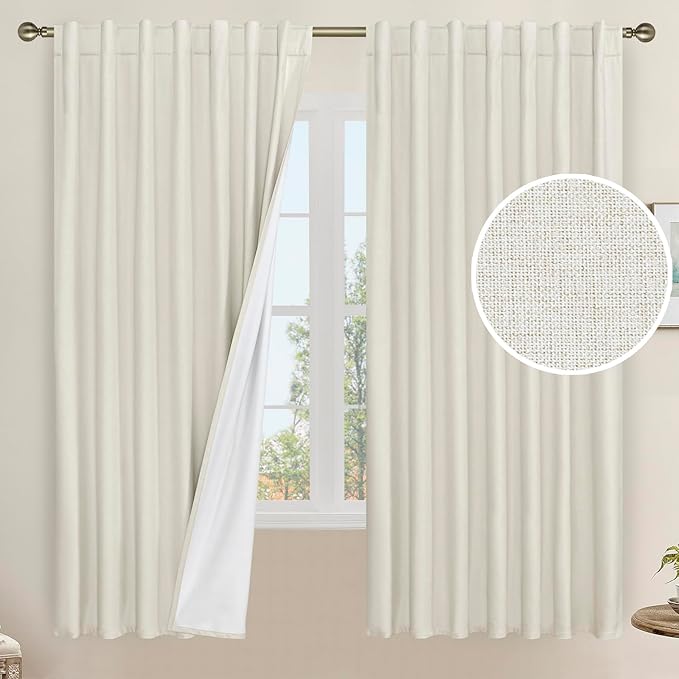 LAMIT Natural 100% Blackout Linen Curtains, 63 Inches Linen Textured Thermal by LAMIT