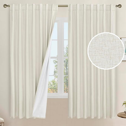 LAMIT Natural 100% Blackout Linen Curtains, 63 Inches Linen Textured Thermal by LAMIT