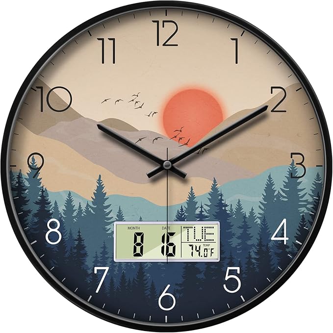 Silent Wall Clock with Day Week Temperature Wilderness with Sunset Non-ticking by SCOAGE