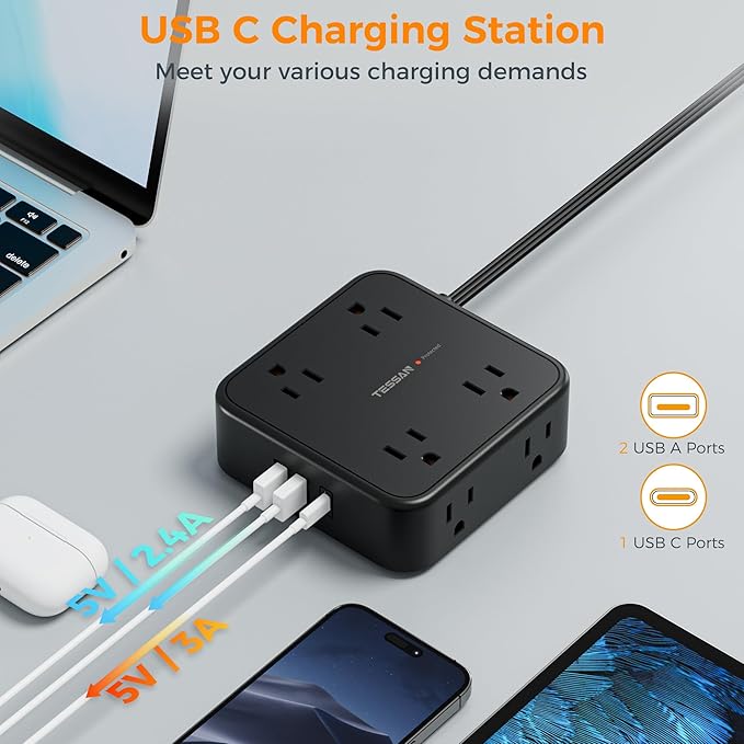 Long Extension Cord 25 FT, TESSAN Ultra Thin Flat Plug Power Strip Surge - Image 5