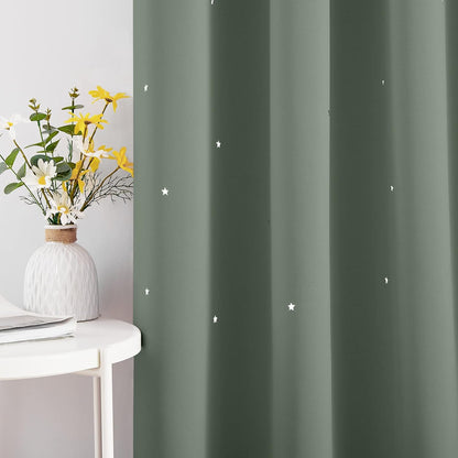 NICETOWN Sage Green Blackout Curtains with Star Hollow Out, 1 PC, W52 x L63 | Kids Cutout Galaxy Window Curtains & Drapes with Grommet for Baby Nursery Girls Bedroom