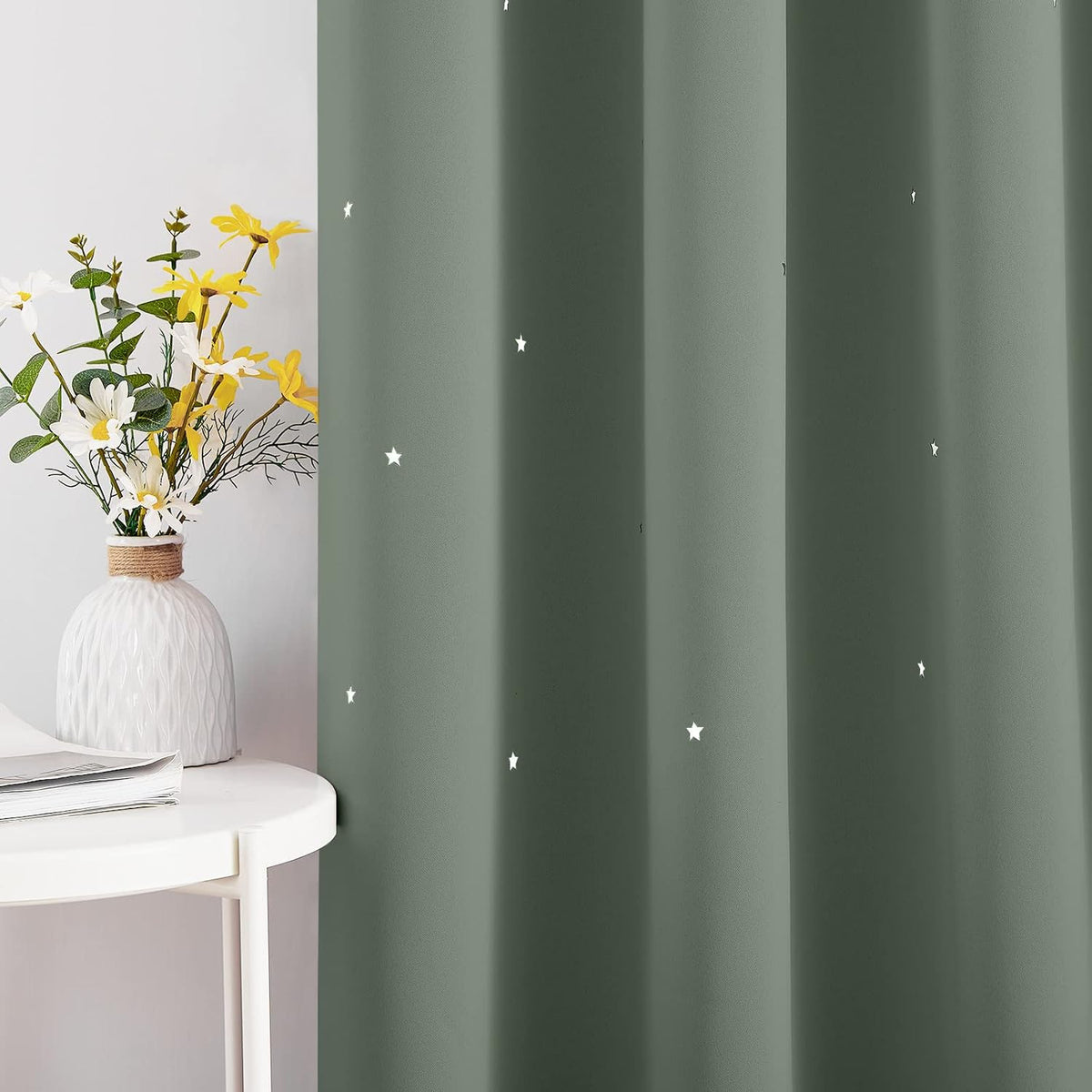 NICETOWN Sage Green Nursery Curtain with Cut Out Stars, W52 x L63, 2 Panels | 63 inches Long Thermal Insulated Star Cut Out Functional Drape Child Curtains for Nursery/Baby Bedroom