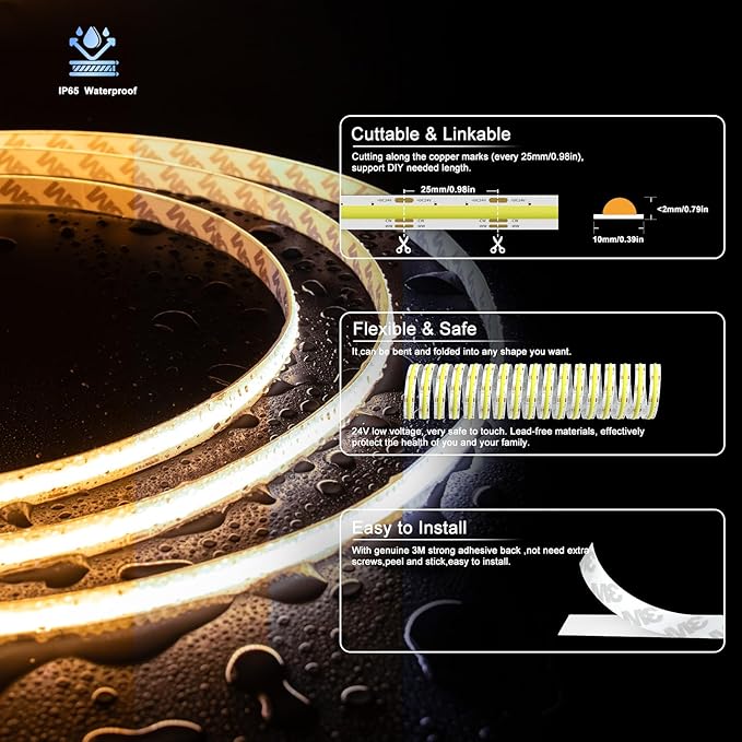PAUTIX COB LED Strip Light CCT Tunable White IP65 Waterproof, CRI90+ 24ft/7.5m - Image 3