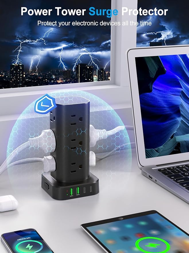 Power Strip Tower with Multiple Outlets, Flat Plug Surge Protector Tower - Image 5