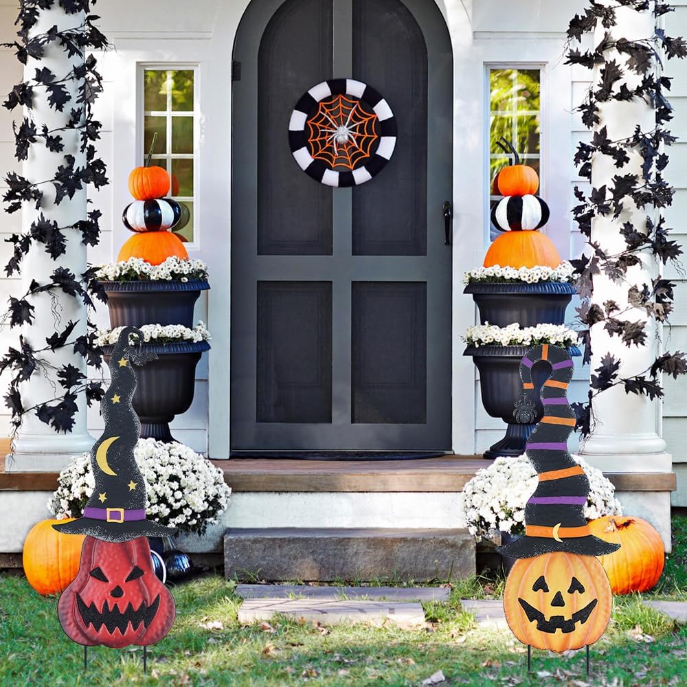 YEAHOME Halloween Decorations Outdoor, 2 Pack Metal Pumpkin Garden Stakes wit...