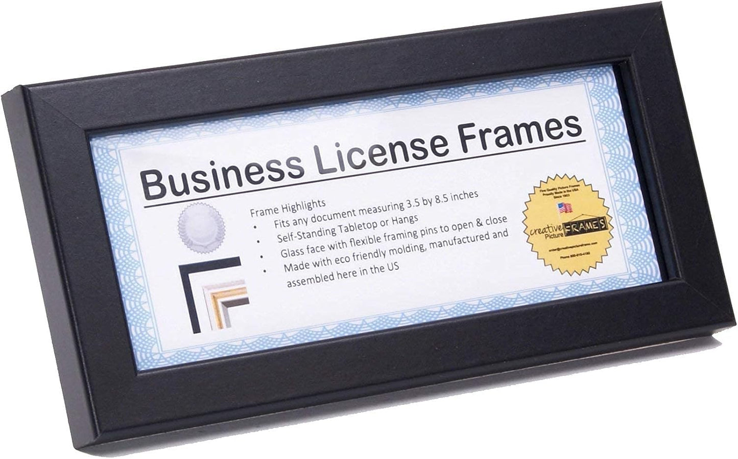 [3.5x8.5bk] Professional Black Business License Certificate Frame, Holds 3.5 by 8.5 inch Media, Self-Standing with Wall Hanger