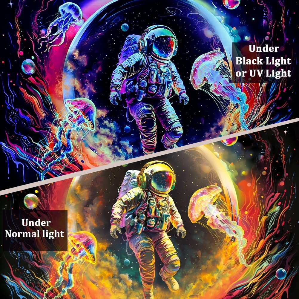 Heopapin Blacklight Astronaut Space Tapestry UV Reactive Planet Jellyfish Wall Tapestry Skateboard Astronaut Space Journey Art Tapestries Wall Hanging for Room L59×W51