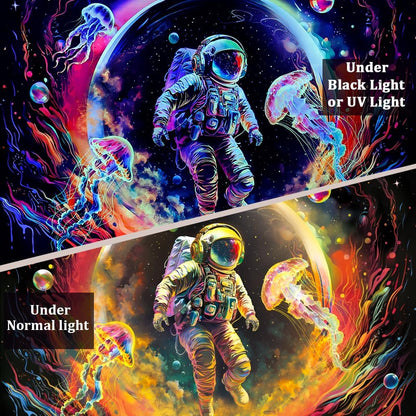 Heopapin Blacklight Astronaut Space Tapestry UV Reactive Planet Jellyfish Wall Tapestry Skateboard Astronaut Space Journey Art Tapestries Wall Hanging for Room L59×W51