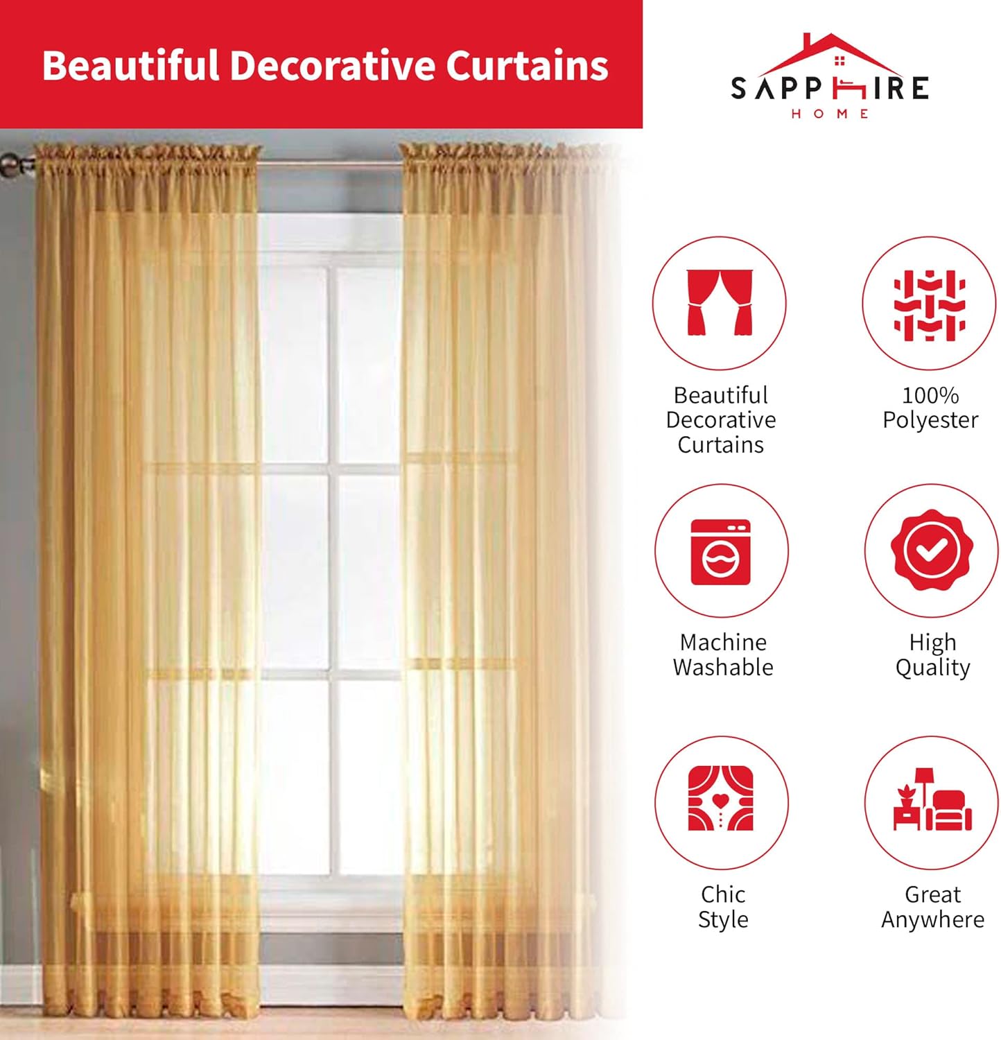 Sapphire Home Gold Sheer Curtains - 84 Inches Length, 2 Panels Set Sheer Drapes, Light Filtering Textured Window Curtain for Living Room, Bedroom, Kitchen, and Dining Room - 54"x84", Gold/Bronze