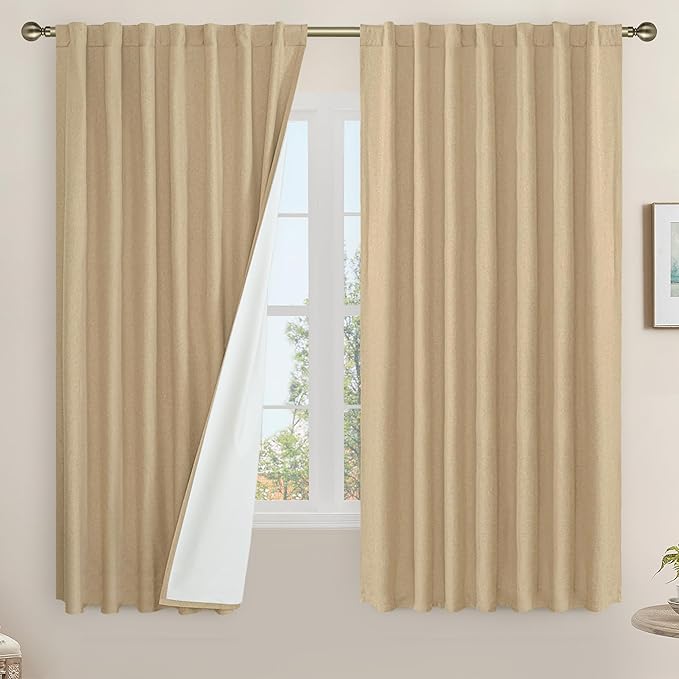 LAMIT 100% Blackout Linen Curtains 63 Inches Long, Linen Textured Living Room by LAMIT