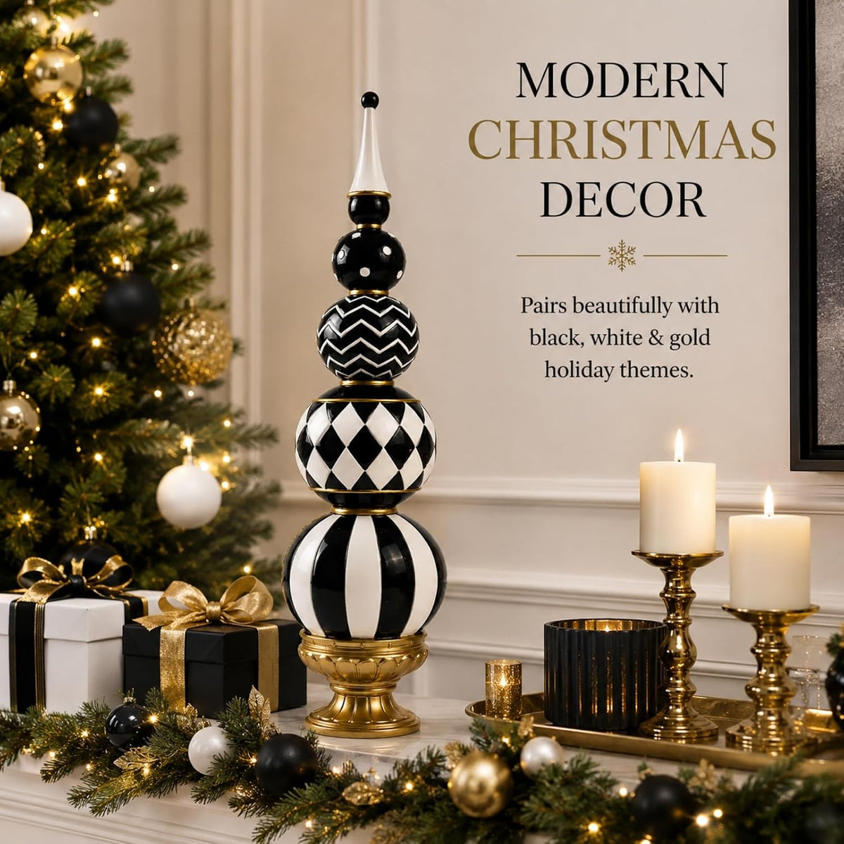 15.7" Black White Checkered Home Decor for Fall, Halloween Table